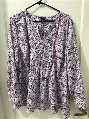 Lane Bryant White Blouse with Pink and Blue Micro-Print